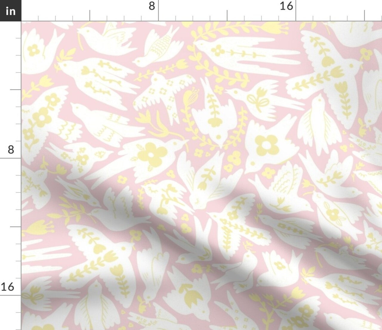 Whimsical Doves Pastel Pink Yellow Birds Floral Custom Printed Fabric by Spoonflower Various Fabrics by the Yard or Fat Quarter